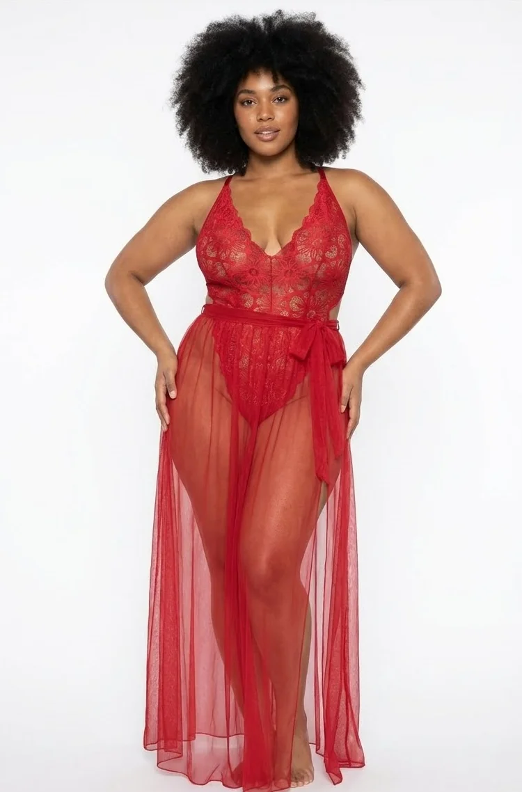 LunaIntim Kırmızı Transparan Maxi Gecelik Derin Yırtmaçlı Tül Tasarım - Model Detay